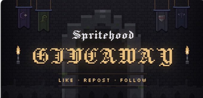 A pixel-art banner titled 'Spritehood' with the gothic-styled subtitle 'GIDDEWAY' over a dark castle background, featuring torches and banners, with 'LIKE • REPOST • FOLLOW' at the bottom.