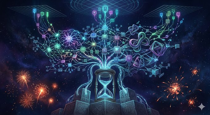 The image features a large, colorful abstract painting with various shapes and colors that appear to be floating or floating through space. The artwork seems to represent an explosion of particles or energy, creating a sense of movement and dynamism. The painting is displayed on a poster-like format, which adds to its visual appeal and makes it stand out as the central focus of attention.
