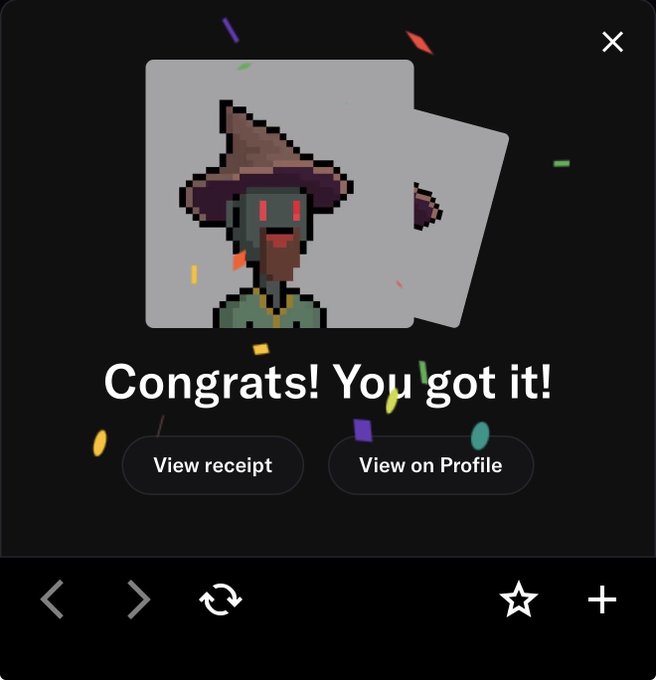 A pixel art wizard character with a brown hat and red eyes appears in a 'Congrats! You got it!' notification, with buttons to 'View receipt' and 'View on Profile'.