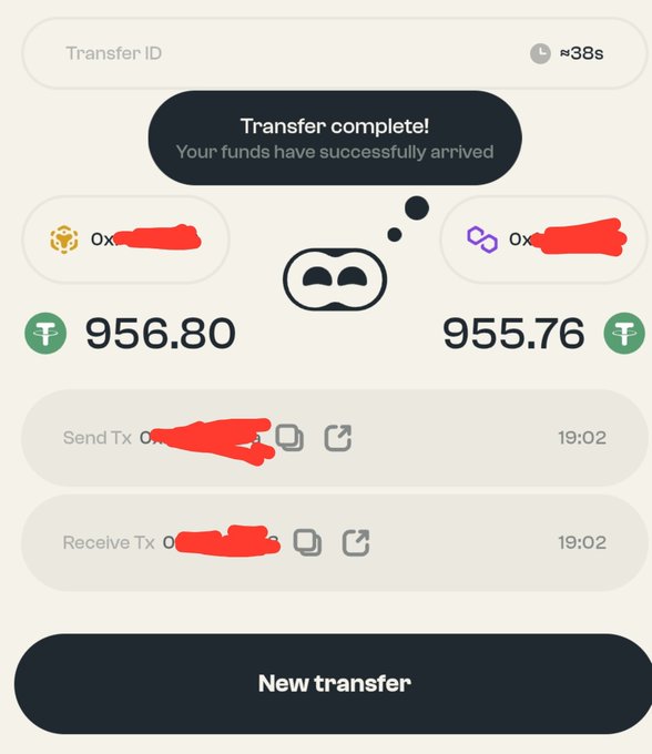 A screenshot of a crypto transfer confirmation interface showing a completed transfer of approximately 956 Tether (USDT) between two wallets.