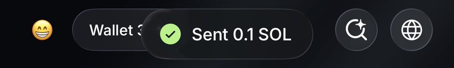 A mobile app interface displays a transaction confirmation with a smiley emoji, the text 'Wallet', and a green checkmark with 'Sent 0.1 SOL'.
