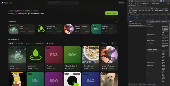 The image shows the Pools.trade website interface displaying trending tokens like $GOAT, $POS, $GOA, and $Unifrog, alongside open browser Developer Tools (Elements and Network tabs). The accompanying post explains how to investigate the $SIM token by inspecting the site's JavaScript files to find a "Simulated token" entry revealing a 15k market cap, suggesting the platform may be artificially creating fake tokens for promotional purposes.