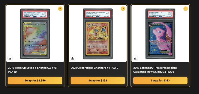 A screenshot of Beezie's marketplace on Solana displays three PSA-graded Pokémon cards available for swap: a 2019 Team Up Eevee & Snorlax GX #191 (PSA 10) for $1,856, a 2021 Celebrations Charizard #4 (PSA 9) for $192, and a 2013 Legendary Treasures Radiant Collection Mew EX #RC24 (PSA 6) for $143. The image illustrates the post's claim of pulling a high-value ~$1,900 card from a $250 pack, showcasing the platform's card trading and pack-ripping rewards system.