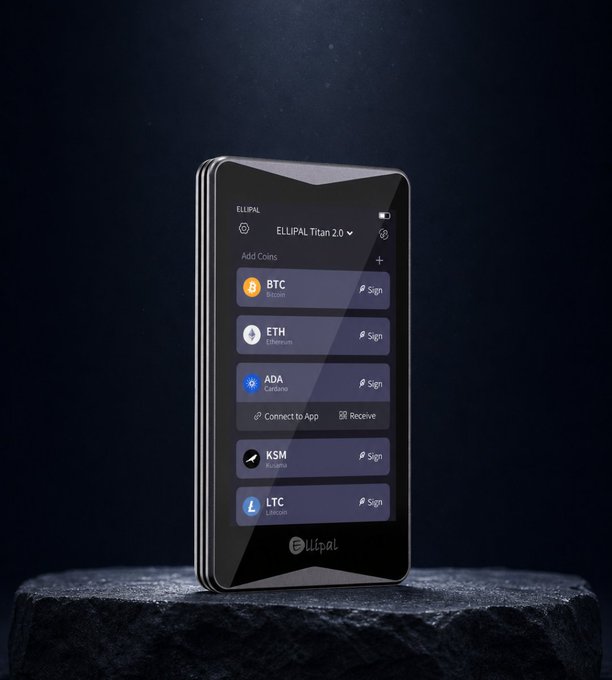 An ELLIPAL Titan 2.0 hardware wallet sits on a dark stone surface, its touchscreen displaying a list of cryptocurrencies—BTC, ETH, ADA, KSM, and LTC—each with a "Sign" option, illustrating the device's QR-code-based transaction signing capability highlighted in the accompanying post.