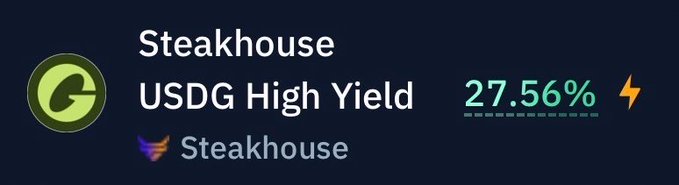 A cryptocurrency app interface showing 'Steakhouse USDG High Yield' with a 27.56% return, accompanied by a green 'G' logo and the Steakhouse branding.
