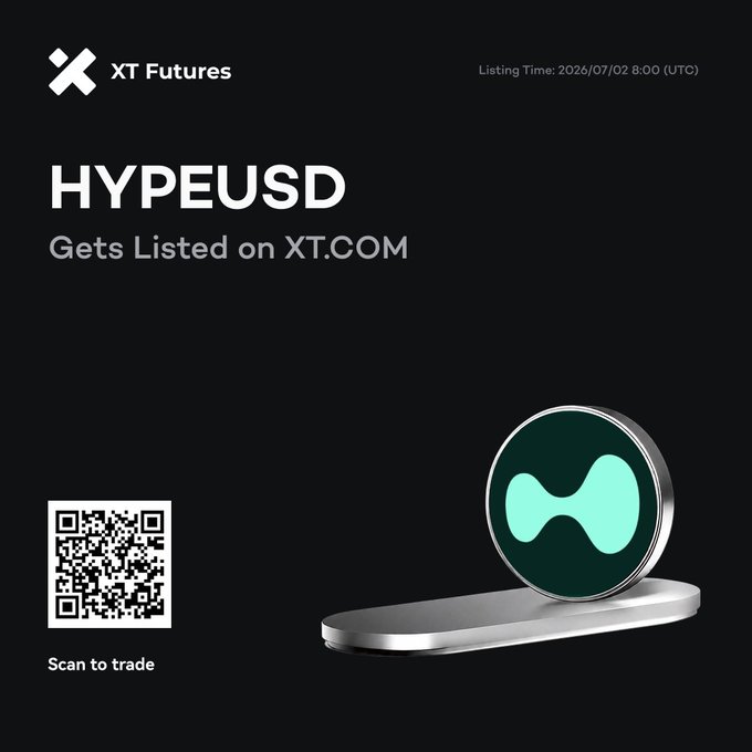The image is a promotional graphic for XT Futures announcing that HYPEUSD gets listed on XT.COM, with a listing time of 2026/07/02 8:00 (UTC). It features a stylized 3D rendering of the HYPE token and a QR code with a "Scan to trade" prompt, directly supporting the post's announcement of the new coin-margined perpetual futures listing.