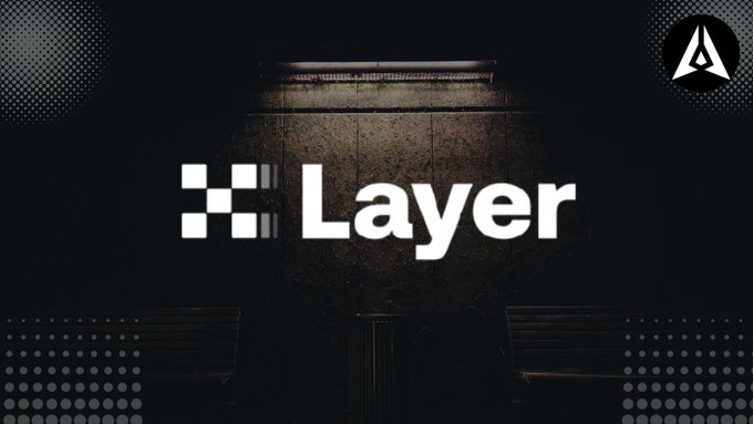 The image features a logo for Layer, which is a company that provides an exchange platform called X Layer. The logo consists of a checkerboard pattern with the word "layer" written in white letters. Below the logo, there's text that reads "Exchange OS lets anyone launch a market on X Layer using real-world data". The image also includes a small black and white picture of a bench and a person sitting on it.