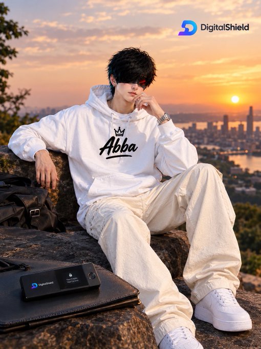 A young man wearing a white 'Abba' hoodie and white pants sits on rocks during sunset, holding a 'DigitalShield' device, with a city skyline and the Burj Khalifa in the background.