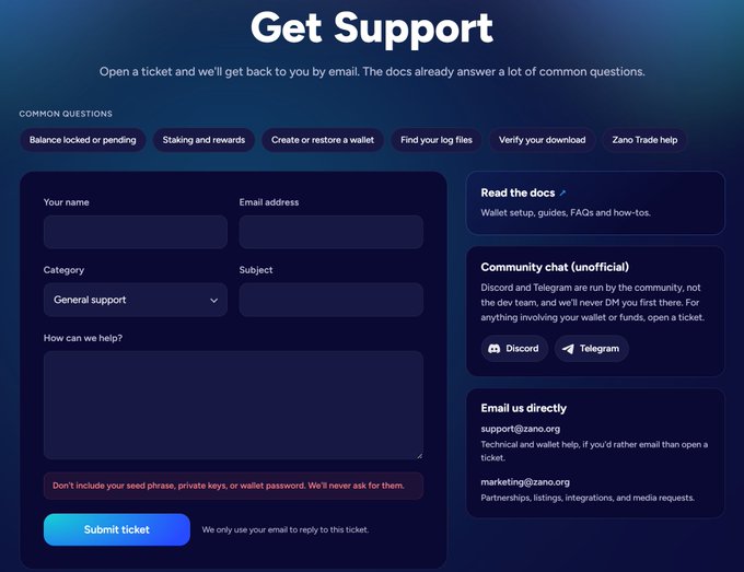 The image shows a "Get Support" page for Zano, featuring a ticket submission form with fields for name, email, category, subject, and a description of the issue, alongside contact options including docs, community chat via Discord and Telegram, and direct email support at support@zano.org and marketing@zano.org. The page aligns with the post's announcement of an official support page, displaying the support categories mentioned such as general support, wallet help, and technical issues where users can submit tickets for assistance.