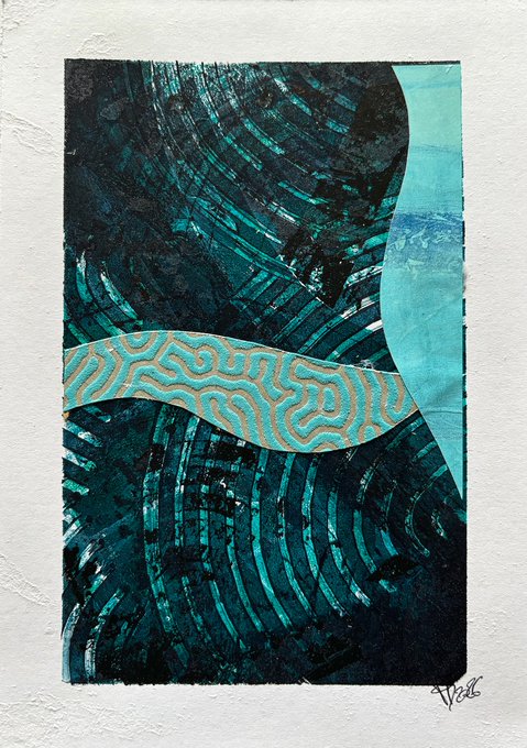 An abstract mixed-media artwork features swirling teal and black patterns on textured paper, accented by a gold-foil band with wavy maze-like designs and the artist's signature 'DJEB' in the corner.