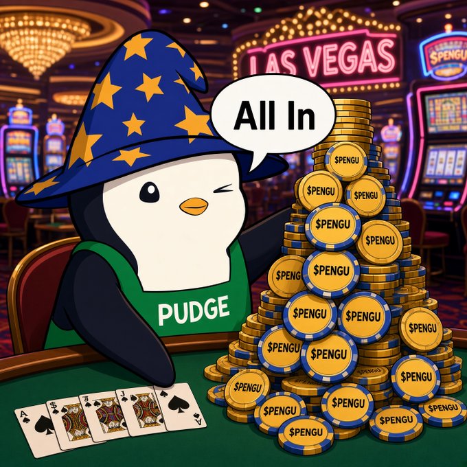 An illustrated penguin character wearing a wizard hat labeled 'PUDGE' winks at a Las Vegas blackjack table, surrounded by stacks of '$PENGU' coins and a speech bubble reading 'All In'.