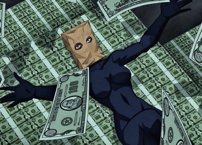 An anime figure with a brown paper bag over its head lies sprawled amid scattered $100 bills, evoking the "money god" meme often used in crypto trading chats to humorously reference wealth and price checks of low-value tokens like $ZCAT.