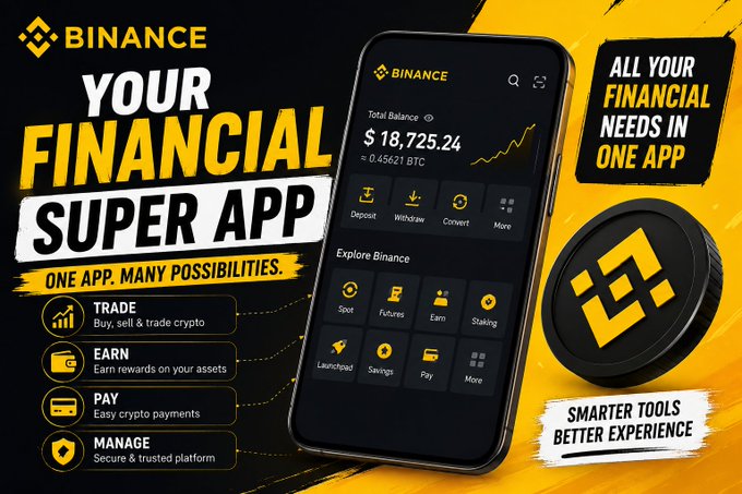 This promotional image advertises Binance as a "Financial Super App," featuring a smartphone mockup displaying a total balance of $18,725.24 (≈0.45621 BTC) with options for Deposit, Withdraw, Convert, Spot, Futures, Earn, Staking, Launchpad, Savings, and Pay. The ad highlights key features like Trade, Earn, Pay, and Manage, with taglines "One App. Many Possibilities" and "Smarter Tools, Better Experience," reinforcing the post's message about Binance evolving into an all-in-one financial platform.