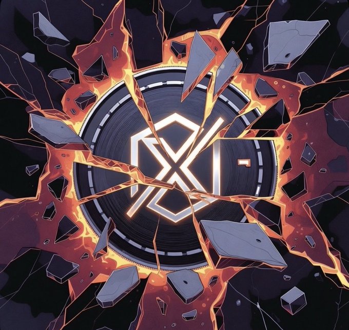 A shattered record disk bearing the text "EXIT" erupts through fiery cracks and flying debris, symbolizing the dramatic collapse and disappearance of once-prominent crypto projects like BitConnect and Terra/LUNA mentioned in the post.