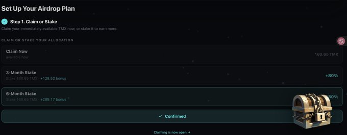 A screenshot of a 'Set Up Your Airdrop Plan' interface for TMX, showing options to Claim Now for 160.55 TMX, Stake 160.55 TMX for 3 months (+126.52 bonus, 80%), or Stake for 6 months (+289.17 bonus), with a treasure chest graphic on the right.