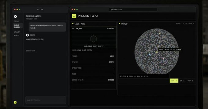 A computer interface showing a 'PROJECT CPU' codex with a 'BUILD QUARRY' task, displaying cell information and a spherical wireframe graphic of a cell (#833).