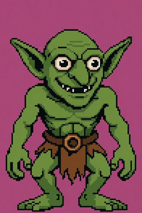 A pixel art illustration of a green-skinned goblin or orc character with large pointed ears, sharp teeth, and a wide grin, wearing a brown loincloth with a belt, set against a magenta background.