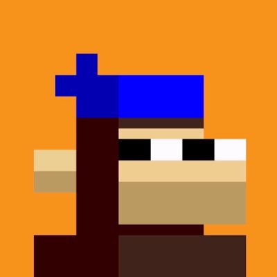 A pixelated, abstract figure composed of simple geometric shapes in orange, blue, tan, and black.