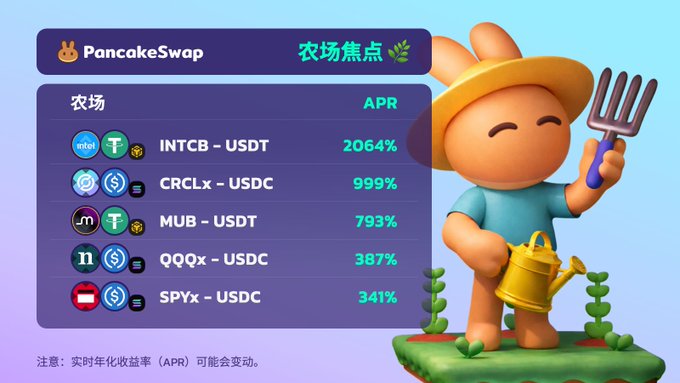 The image is a PancakeSwap promotional graphic featuring a cartoon bunny farmer holding a pitchfork and watering can, highlighting its "农场焦点" (Farm Spotlight) section with five tokenized stock/USDC or USDT liquidity pools and their APRs: INTCB-USDT (2064%), CRCLx-USDC (999%), MUB-USDT (793%), QQQx-USDC (387%), and SPYx-USDC (341%), with a disclaimer noting that APRs fluctuate in real time. It visually supports the post's pitch about earning passive yield on tokenized stocks and ETFs by providing liquidity on PancakeSwap.