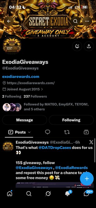 Twitter/X profile page for @ExodiaGiveaways showing the account joined August 2015 with 2 Following and 237 Followers, displaying a post about a DATDropCases giveaway worth $55.