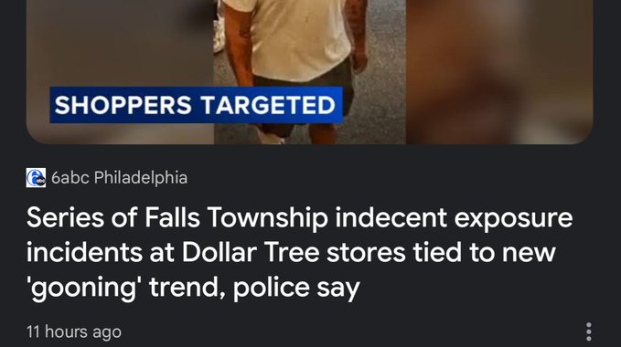 News headline from 6abc Philadelphia reading 'Series of Falls Township indecent exposure incidents at Dollar Tree stores tied to new gooning trend, police say' under a 'SHOPPER TARGETED' banner.