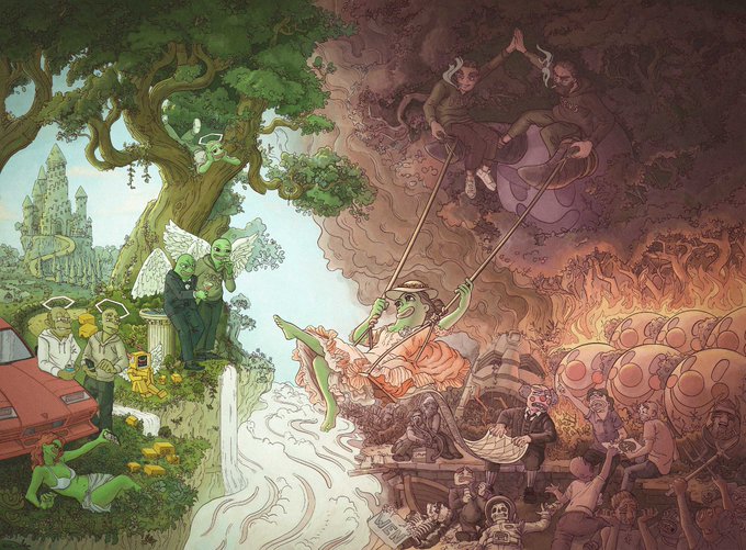 A detailed illustration divided into two contrasting realms—a peaceful green side with figures including aliens in suits and a winged angel, and a chaotic red/hellish side with demons, fire, and suffering souls, separated by a stream with a woman in orange robes crossing between them.