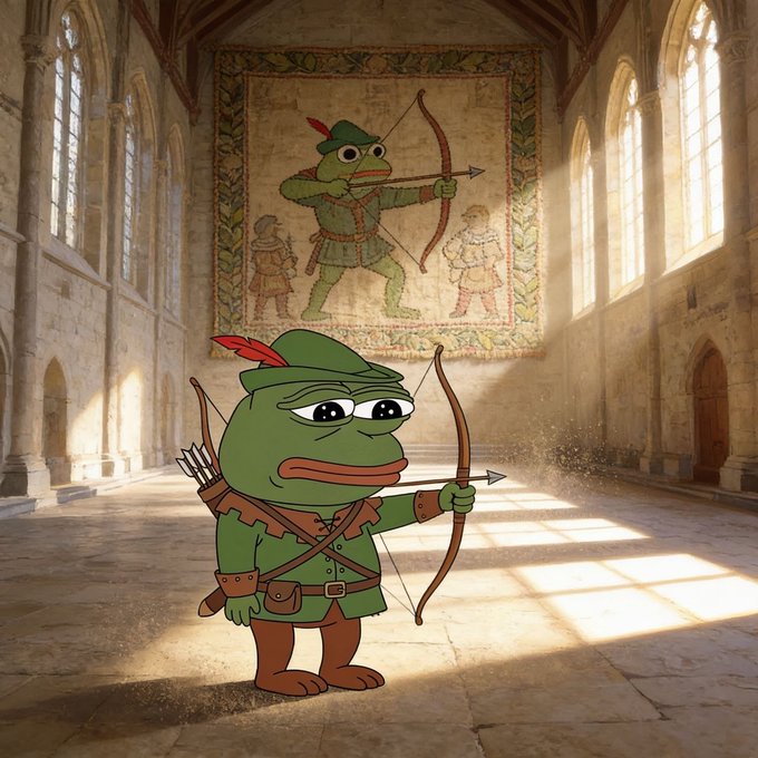 A cartoonish green frog-like character dressed as Robin Hood with a bow and arrow stands in a medieval hall, mirrored by a tapestry on the wall depicting the same archer scene.