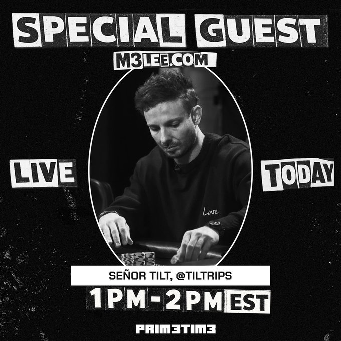 A black and white promotional graphic featuring "Señor Tilt (@TiltRips)" as a "Special Guest" on M3LEE.COM and PRIM3TIM3, with his appearance scheduled "LIVE TODAY 1PM-2PM EST." The image shows him seated in an oval frame, fitting the post's announcement about discussing digital rips and collector marketplaces.