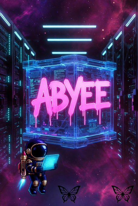 A neon-style digital artwork with 'ABYEE' written in dripping pink graffiti inside a glowing blue cube, accompanied by an astronaut character and butterflies against a purple cosmic background.