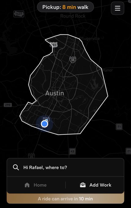 A rideshare app map displays a service boundary in Austin with "Pickup: 8 min walk" at the top and a blue indicator pin near the southern edge, accompanied by the greeting "Hi Rafael, where to?" and an "Add Work" option. The image illustrates being inside the operational zone, tying directly to the phrase "We're now in the bubble."