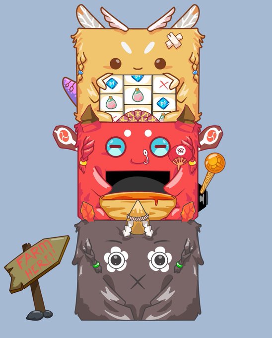 A vertical stack of three cute cartoon creatures — a yellow box-like character with wings and a slot machine face, a red box character, and a gray furry creature holding an 'EARTH HEART' sign.
