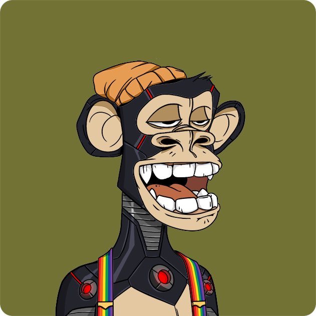 A cartoon ape character wearing rainbow-striped overalls and a blonde mohawk grins widely to show its teeth against an olive green background.