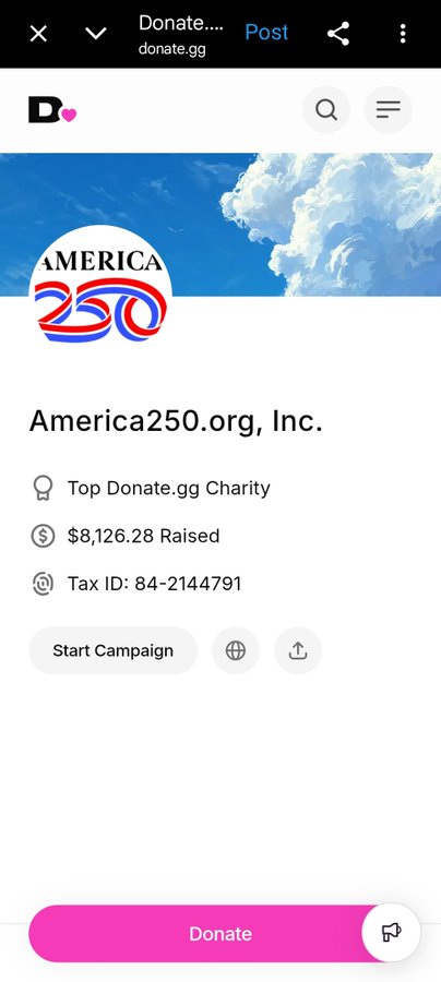 The image shows a phone screen displaying a donation page for @Pumpfun and @donatedotgg charity token, which has donated over 100 dollars to @America250 charity. The text on the screen reads "Through @Pumpfun and @donatedotgg charity token has donated over 100 sol to @America250". The image also contains a pink button that says "Donate" with a pink background.