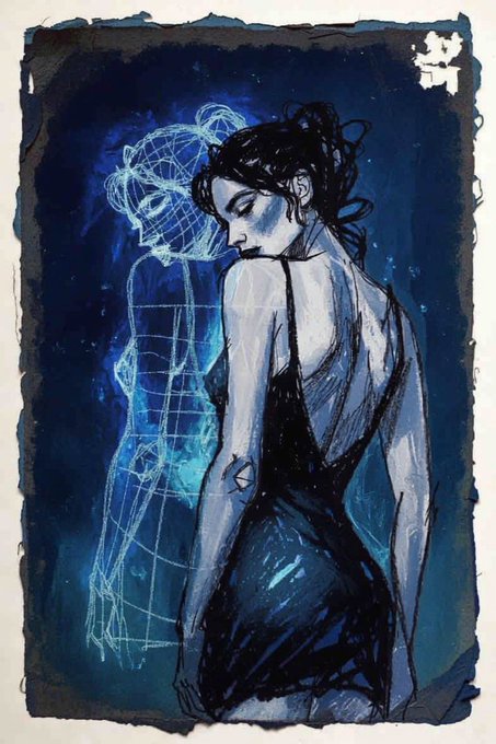 The image features a black and white drawing of a woman wearing a dress, with her back facing the viewer. The background of the image is dark blue, creating an artistic atmosphere. The artist's signature can be seen at the bottom right corner of the image. The caption "Just listed" suggests that this artwork might have been recently added to a collection or posted on social media platforms like Instagram.