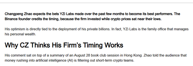A news snippet featuring a headline "Why CZ Thinks His Firm's Timing Works" discusses Binance founder Changpeng Zhao's optimism that YZi Labs' recent investments, made while crypto prices were near their lows, will become its top-performing bets, as stated during an August 28 book club session in Hong Kong.