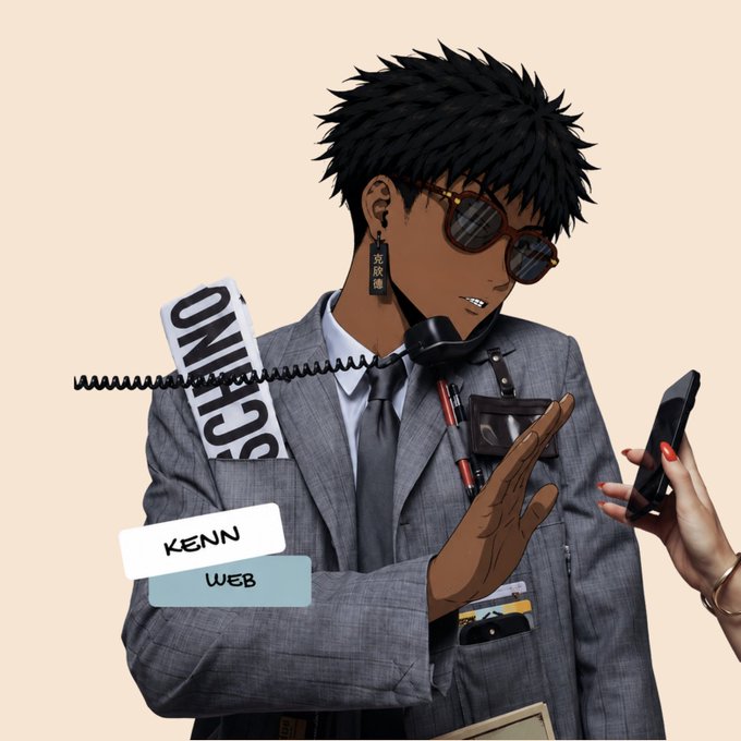 Anime-style illustration of a dark-skinned male character with spiky black hair and sunglasses wearing a grey business suit, with a phone cord coiled around him and label tags reading 'KENN' and 'WEB'.