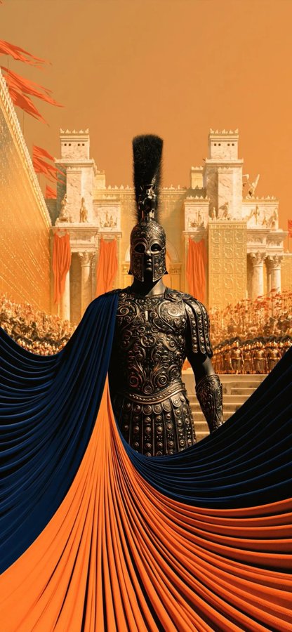 A towering warrior in ornate black armor and a plumed helmet stands before an ancient palace, draped in flowing navy and orange fabric that commands the scene with commanding presence. The image embodies "aura farming" through its dramatic composition, where every element—from the regal armor to the sweeping capes and golden throne room backdrop—amplifies the figure's overwhelming, larger-than-life energy.