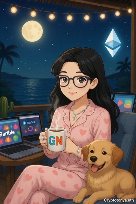 An anime-style illustration of a woman in heart-patterned pajamas holding a 'GN' mug beside a golden retriever, with laptops showing 'Rarible' and 'OpenSea' and an Ethereum logo floating under a moonlit sky.