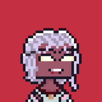A pixel art character portrait of a person with gray hair, wearing yellow-tinted glasses and dark clothing, set against a solid red background.