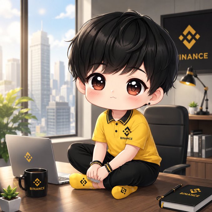The image features a young boy sitting at a desk with a laptop computer, a cup of coffee, and a plant nearby. The background shows an office setting with a window overlooking a cityscape. The caption "Good morning Binance Family Love to work on Binance office What' s your profession?" suggests that the artist might be interested in the world of finance or banking.