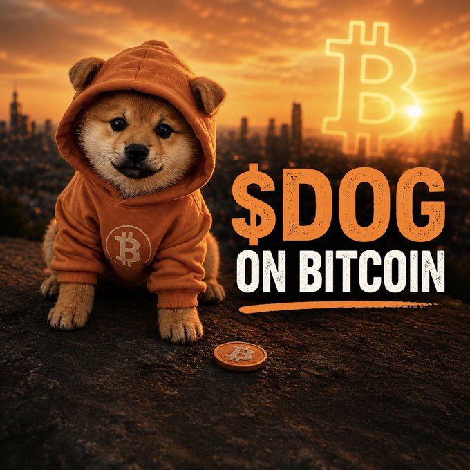 An illustration of a Shiba Inu dog wearing an orange Bitcoin hoodie, sitting on a ledge with a Bitcoin token, a glowing Bitcoin symbol, and the text '$DOG ON BITCOIN' against a sunset cityscape.
