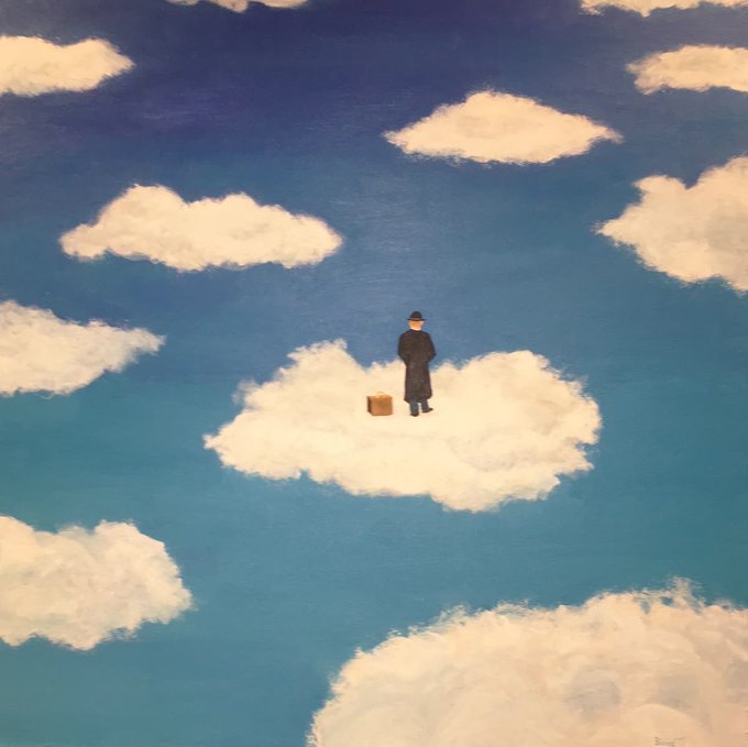 A man in a black coat and bowler hat stands on a cloud alongside a brown briefcase, set against a blue sky dotted with fluffy white clouds. The image evokes a dreamlike, surreal mood—fitting for a "good morning" message, suggesting rising above the day's challenges and striving to succeed.