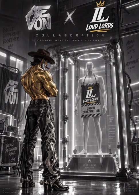 Stylized promotional graphic announcing a collaboration between streetwear brand 'AEVON' and 'LL Loud Lords,' featuring a muscular cowboy figure looking at a glass display case containing a mannequin wearing Loud Lords apparel labeled 'Under Construction,' with the tagline 'Different Worlds. Same Culture.'