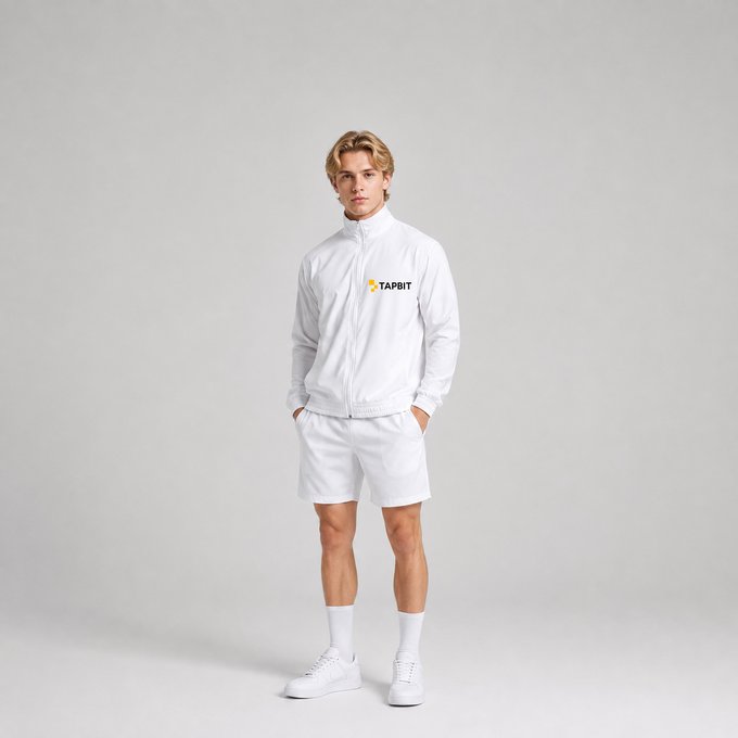A young man models a sleek all-white athletic outfit featuring a tracksuit jacket and shorts with the "TAPBIT" logo in yellow and black on the chest, paired with white sneakers and socks. The coordinated monochromatic look fits perfectly with the post's call to "represent Tapbit beyond the screen," showcasing branded apparel as wearable crypto lifestyle merch.