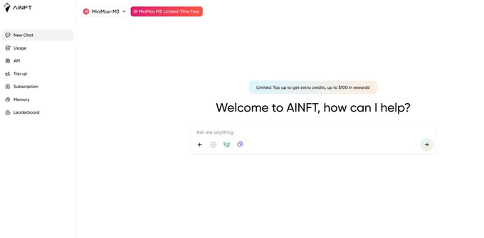 The image shows the homepage interface of AINFT, featuring a "MiniMax-M3" chat assistant with a sidebar menu (New Chat, Usage, API, Top-up, Subscription, Memory, Leaderboard) and a central input field welcoming users with "Welcome to AINFT, how can I help?" along with a promotional banner about earning up to $100 in rewards. This visually represents the zero-barrier AI creation tool mentioned in the post, highlighting the platform's accessible, chat-based interface that allows users to engage with AI-powered NFT creation without needing technical expertise.