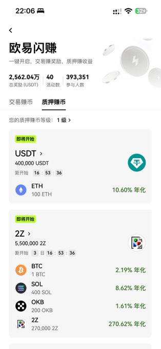 A mobile app screenshot for '欧易闪赚' (OKX Flash Earn) showing cryptocurrency lending options including USDT, ETH (10.60% APR), BTC (2.19%), SOL (8.62%), OKB (1.61%), and 2Z (270.62%).