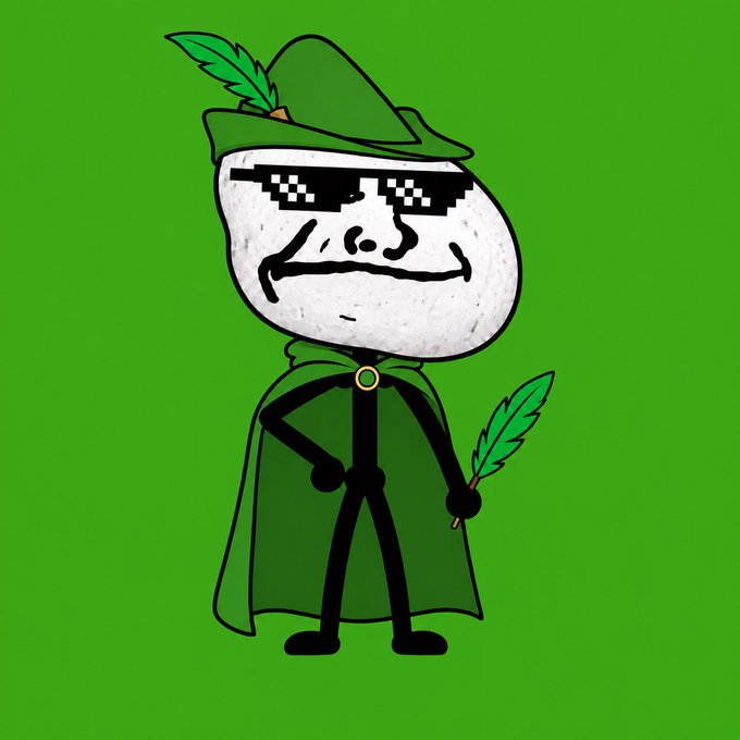 A cartoon illustration of the "Stoner Hannibal" meme, featuring a stick figure with a distorted face wearing pixelated sunglasses, a green hat with a feather, and a green cape, holding a cannabis leaf against a green background.