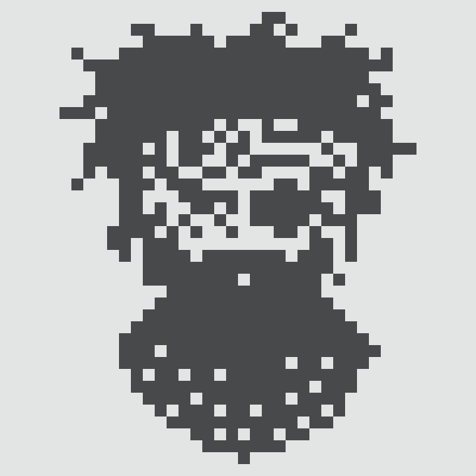 A pixel art style image showing a dark, abstract figure or face composed of blocky dark blue/black pixels against a light background.