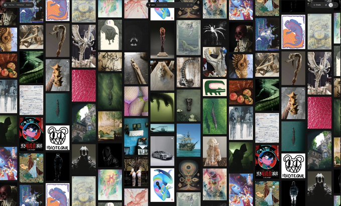 A screenshot of an image search results page displaying a dense grid of various thumbnail images including surreal art, creatures, skeletons, and other eclectic visuals.