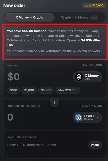 A screenshot of a cryptocurrency exchange interface showing a 'New order' screen with a highlighted text box explaining a '$55.00 balance' locked until October 4, 2026, and an option to swap X Money for USDC on Solana.